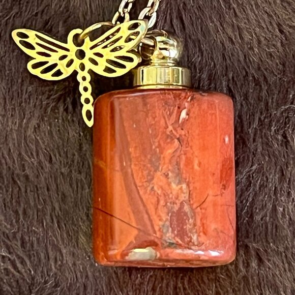 Jewelry - Red Jasper Urn/Vial Pendant Necklace • Dragonfly Charm • Memorial Keepsake